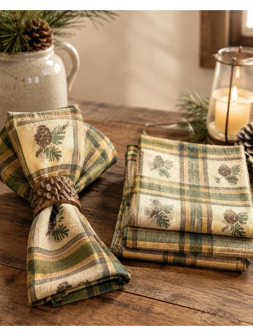 NWT Park Designs 2000s Pine Lodge Plaid Pinecone Cotton Napkins, 5”